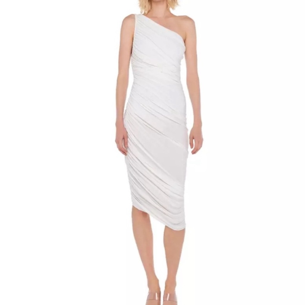 Norma Kamali Diana Dress To Knee Optic White Cocktail Ruched One Shoulder size M